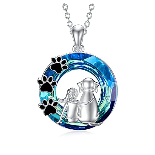 Tier Kette Hund Damen | 925 Sterling Silber | Anhänger mit Blauen Kristallen