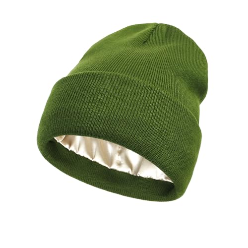 Facecozy Satin Lined Beanie Hats for Women Soft and Warm Winter Hats for Women Men Slouchy Beanie Hat (Green)