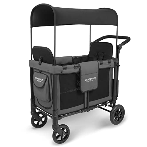 WONDERFOLD W2 Original Double Stroller Wagon Featuring 2 High Face-to-Face Seats with 5-Point Harnesses, Easy-Access Front Zipper Door, and Removable UV-Protection Canopy, Charcoal Gray