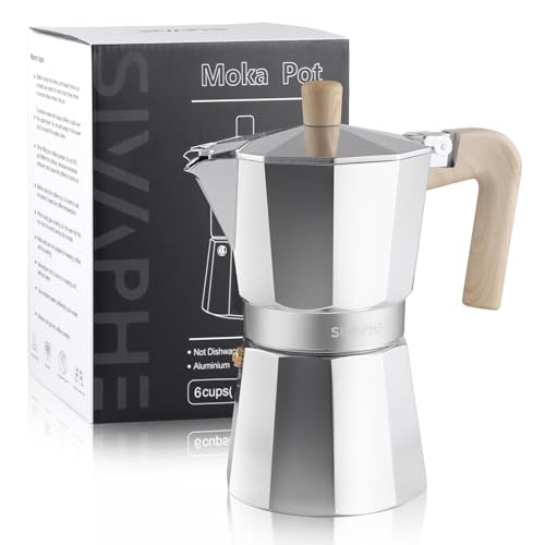 Sivaphe Stovetop Coffee Maker 300ml/6 Cups Aluminium Moka Pot Italian Espresso Maker with Heat-Resistant Handle Silver