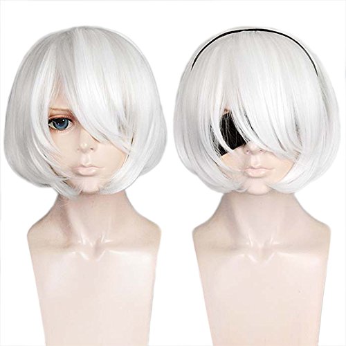 ANOGOL Short White Wig Anime Cosplay White Bob Wig with Bangs