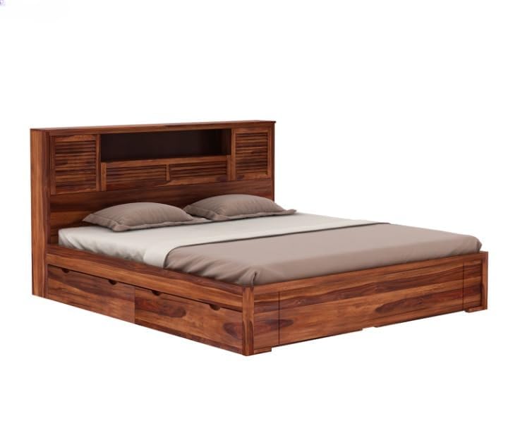 Image of Solid Sheesham Wood Bed with Storage | Wooden Bed with Drawer Storage & Designer Headboard | Strong & Durable Bed Frame for Bedroom Home & Hotel (Honey Finish, King)