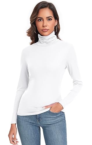 Womens Long Sleeve Turtleneck Slim Fitted Lightweight Casual Active Layer Tops Shirts White X-Large