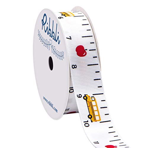 Ribbli Grosgrain Ruler & School Bus Craft Ribbon,7/8-Inch,10-Yard Spool, White/Yellow/Red,Use for Teacher Appreciation Gift,Back to School Decoration,Wreath,Gift Wrapping,All Crafting and Sewing