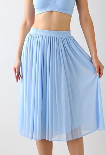 Women's Summer Casual Cozy Pleated Skirt Chiffon Elastic Waist Swing A Line Boho Skirts