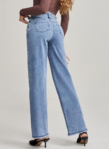 Astylish Womens High Waisted Raw Hem Jeans Stretchy Wide Leg Frayed Straight Denim Pants2