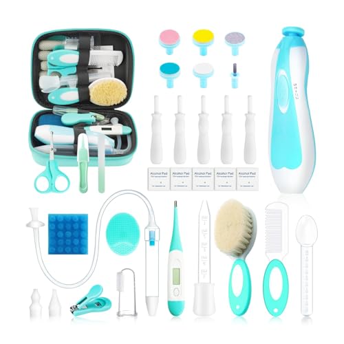 Baby Healthcare and Grooming Kit, 30 in 1 Portable Baby Essentials Kit Electric Nail Trimmer Set with Gas Relief Hair Brush Comb Nasal Aspirator for Newborn Boys Girls (Green)