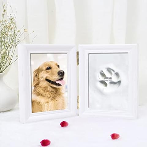 Mikytoper Dog and Cat Paw Print Set,Wooden Photo Frame,3D Plaster Cast - Keepsake Box,Pet Pawprints Photo Frame and Impression Set,Wall Decor (White) Cover