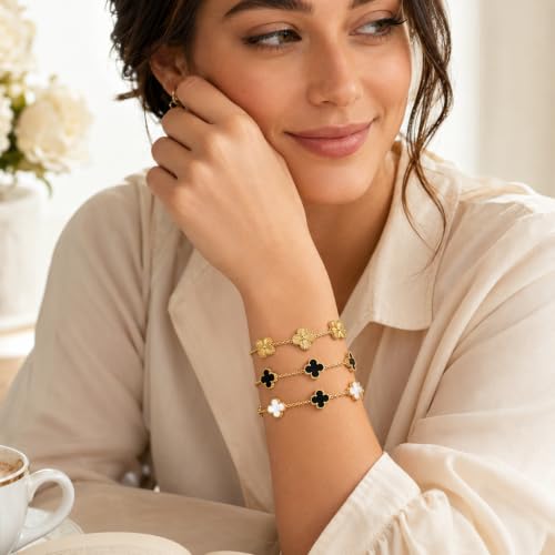 Image of Bracelet for Girls and Women, Gold Tone Adjustable Chain with Black, White and Textured Clover Charms, Fashion Wrist Jewellery Set for Party, Casual Wear and Gifting, Pack of 3