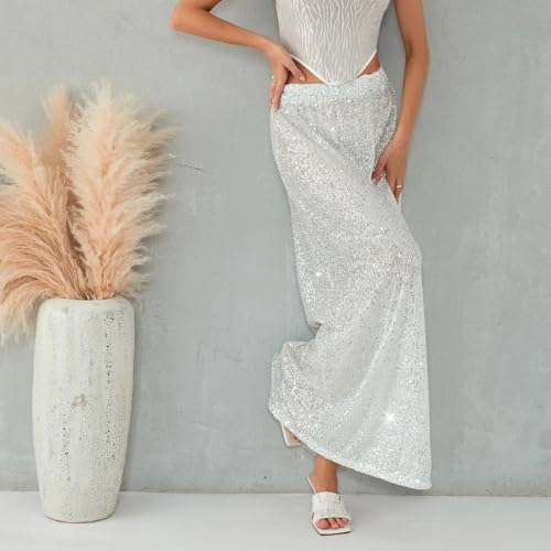 Autumn Solid Color Sequins Long Skirts Women Low Waist Party Skirts Casual Streetwear2