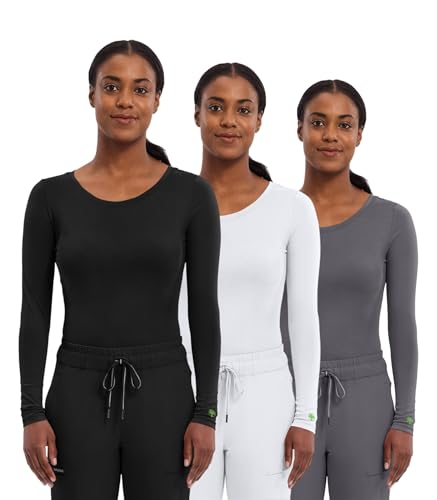 Healing Hands Women's Underscrub Soft Knit Melissa Longsleeve Scrub Tee with Breathable Fabric Pack of 3-5047, Black/White/Pewter, L
