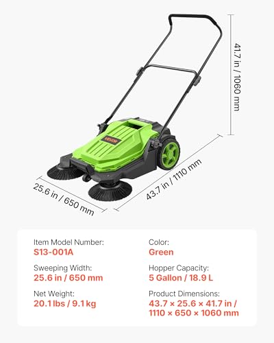 Image of VEVOR Walk-Behind Hand Push Floor Sweeper, Manual Floor Sweeper Non-Electric with 25.6 inch Sweeping Width, 5 Gallons Waste Container & Adjustable Folding Handle for Yards Walkways Patios Garages - Green
