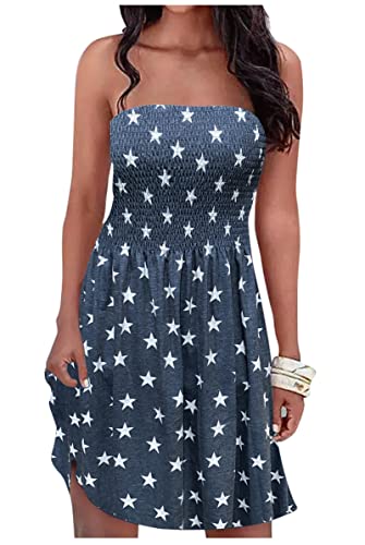 Image of Summer Dress for Women Beach Floral Cover Ups Spaghetti Strap Sundress Smocked Strapless A-Line Mini Dresses