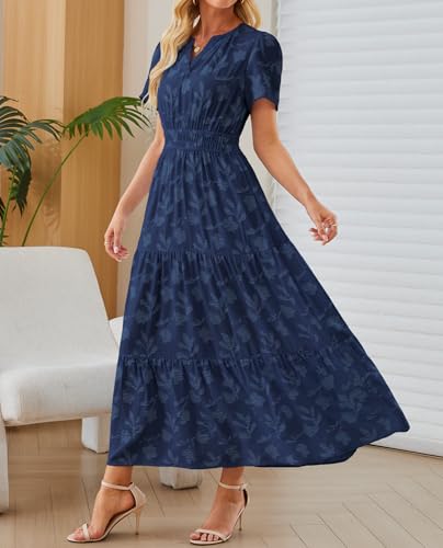 Image of Women's Maxi Dresses Boho Burnout V Neck Short Puff Sleeve Smocked Empire Waist Long Wedding Guest Semi Formal Dress Pockets