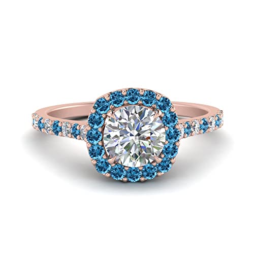 Image of Choose Your Gemstone Round Diamond CZ Square Halo Ring Rose Gold Plated Round Shape Petite Engagement Rings Matching Jewelry Wedding Jewelry Easy to Wear Gifts US Size 4 to 12