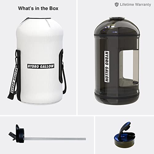 Hydro Gallon - 1 Gallon Water Bottle With Insulated Sleeve And Straw Lid, Handle, Motivational Time Marker No Words, Pocket, Shoulder Strap. Leakproof Bpa Free Large Jug For Men Women. 128Oz (White) #TOP1