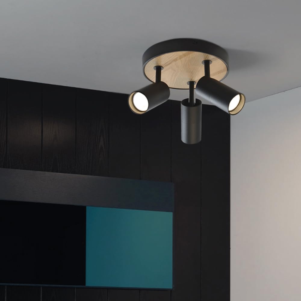 Track Lighting Fixtures Ceiling 3-Light,Spotlight Indoor for Bedroom,Aluminum&Adjustable Lampshade,Black and Wood Track Lighting for Kitchen,Laundry,Bathroom,Small Space,Gu10 Directional Ceiling Light