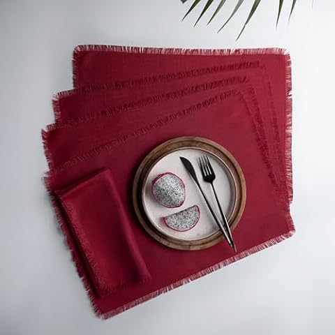 D'Moksha Homes Red Linen Placemats Set of 4 - Premium Faux Linen Fringe Placemats 14 x 19 Inch - Wrinkle Resistant, Machine Washable Cloth Placemats - 100% Recycled Fabric Cover
