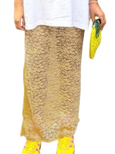 Sunloudy Sheer Lace Maxi Skirt for Women Sheer Floral Lace A Line Long Skirts Mesh See Through Flowy Beach Skirts Streetwear
