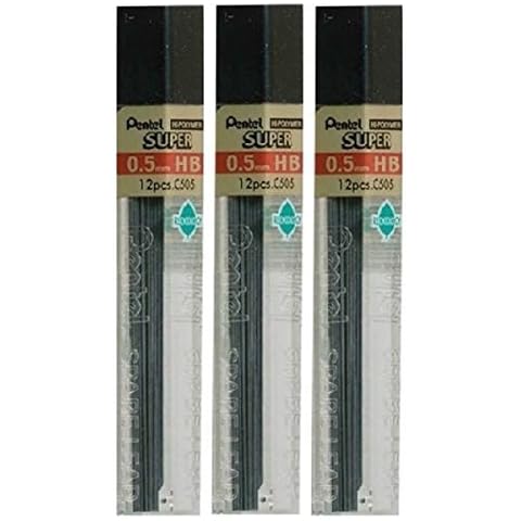 Pentel 0.5mm Size HB Shade Hardness Pencil Refill Replacement Spare Leads Hi Pollymer Super For Automatic & Mechanical Pencils (Pack Of 3 Tubes - 36 Pieces) Cover