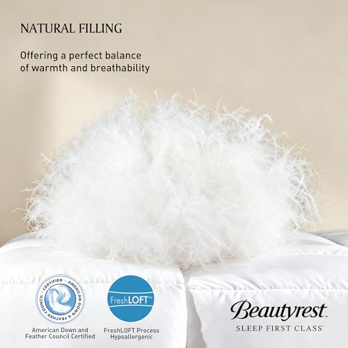 Image of Beautyrest Twin Size White Goose Feather Down Fiber Comforter,100% Cotton Shell Oeko-TEX Certified All Season Medium Weight Duvet Insert with Corner Loops, Luxury Hotel Style Bed Comforter