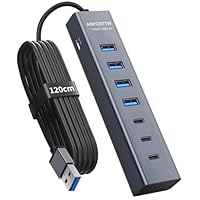 7-Port USB Hub 3.0 mit 120cm Kabel für Desktop, Aluminium USB Verteiler 5Gbps Multiport Adapter mit 4 USB-A & 3 USB-C Port, 5V 3A Type-C Port für PC, Laptop, MacBook, U-Disk, Maus