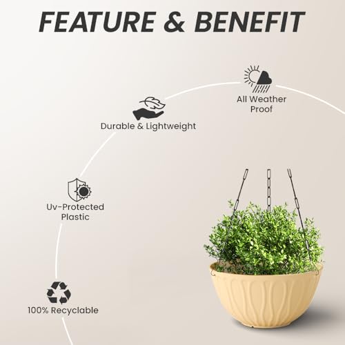 Image of YUCCABE ITALIA SHERA Hanging Wave 8 INCH, Plastic Flower Pot with Drainage Holes Round Planter Pot Suitable for Inddor Outdoor Kitchen (Beige, Pack of 3)