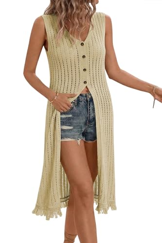 Allimy Womens Summer Crochet Tops Button Down Long Kimonos Cardigans Midi Maxi Boho Beach Sun Dresses Resort Wear for Women 2026 Date Night Outfits Vacation Clothes Cream XL