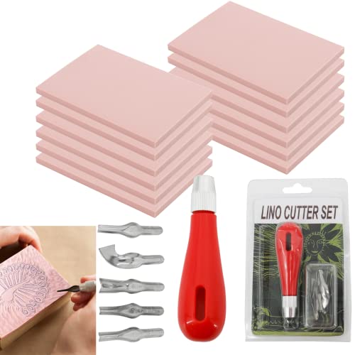 WerkWeit [12 unidades] Bloques de goma para tallar con herramientas de corte, kit de fabricación de sellos, cortador de linóleo con 6 tipos de cuchillas y 12 sellos de goma para tallar sellos, grabado Cover