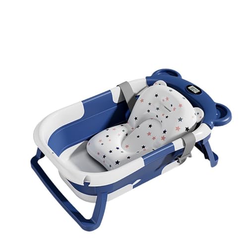 家庭用新生児バスタブ赤ちゃんは座って横になることができます温度感知バスタブベビー折りたたみバスタブ新生児0-6歳のベビーバス温水浴槽は座って横になることができます、ベビー折りたたみバスタブ (ブルー+バスマット)