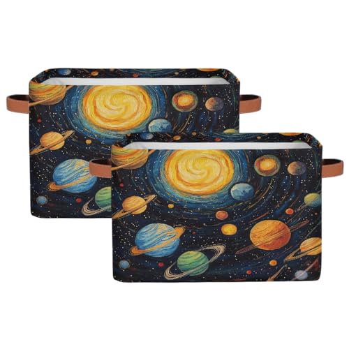 Image of Solar System Storage Baskets for Organizing, Fabric Collapsible Storage Bins Box Space Planets Decorative Toy Organizer Baskets for Closet Shelves Gift Basket 2Pcs