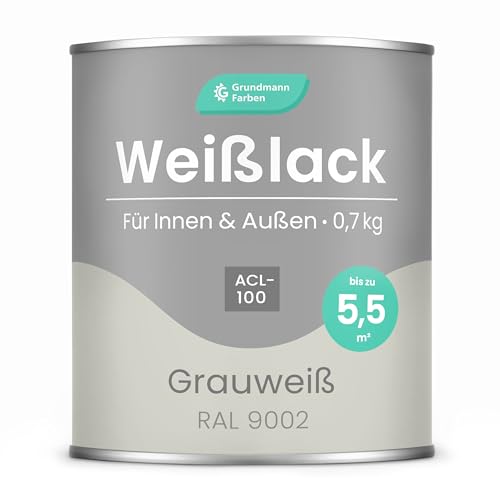 Grundmann Weisslack - 0,7 Kg - RAL 9002 Grauweiss - Seidenmatt - 4in1 Grundierung & Decklack - Premium Weißlack - Hohe Beständigkeit & Deckkraft - Holz, Metall, Kunststoff