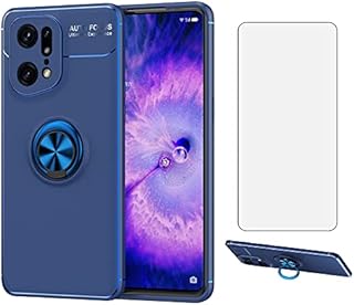 Asuwish Compatible with OPPO Find X5 Pro 5G Phone Case and Tempered Glass Screen Protector With Ring Holder Stand Kickstand Silicone Magnetic Metal Glaxay FindX5Pro 5X X5Pro CPH2305 Women Men Blue
