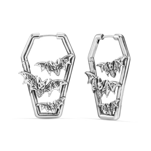 PUNKYOUTH Gothic Bat Hoop Earrings Dark Alternative Piercing Jewelry 18G 1mm High Polish Coffin Shape Flying Vampire Statement Edgy Geometric Huggie Hoops Everyday Wear Accessories For Women Men