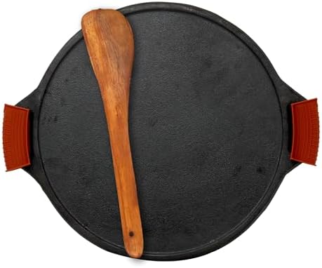Rock Tawa Dosa Tawa 12 Inch Pre-Seasoned Cast Iron with Free Wooden Spatula and Silicon Grip Cover