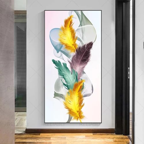 Art mural salon peinture sur toile plumes pour moderniser un mur vide 55x110cm