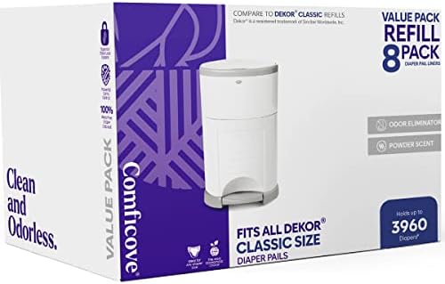 Diaper Pail Refills Compatible with DEKOR CLASSIC Diaper PailS – Bundle of Eight Diaper Trash Can Refills – Easy to Replace and Dispose of Diaper Bag – Odorless Baby Diapers Disposal - by COMFICOVE