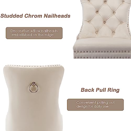 Kcc Velvet Dining Chairs Set Of 6 (Renewed), Upholstered High-End Tufted Dining Room Chair With Nailhead Back Ring Pull Trim Solid Wood Legs, Nikki Collection Modern Style For Kitchen, Beige #TOP4