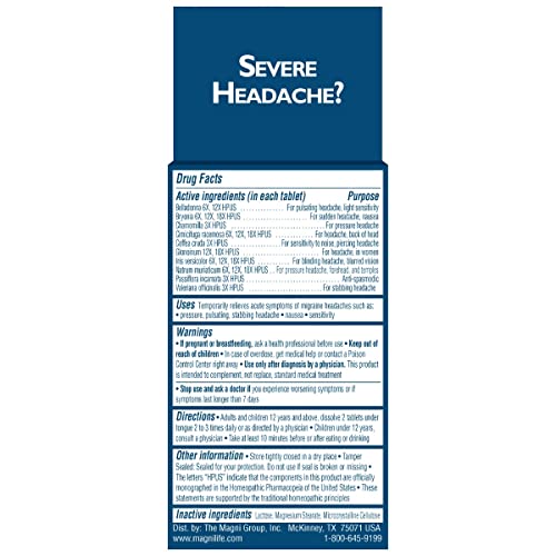 Image of MagniLife Migraine Relief, Non-Habit Forming, 90 Homeopathic Tablets, Migraine Medicine for Light & Sound Sensitivity, Nausea, Blurred Vision & Pressure, Quick-Dissolve Headache Pain Relief