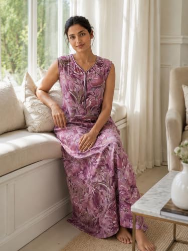 Image of 9shines Label Alpine Sleeveless Nighty | All Over Print Maxi for Women | Night wear for Women | Full Length Night Gown for Women | Night Dress for Women Stylish (Alpine Sleeveless 24)