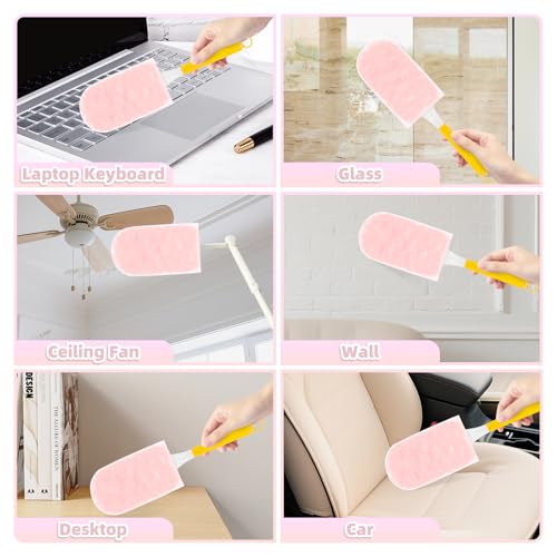 Image of Heavy Duty Dusters Refills, Disposable Dusters Kit Compatible with Swiffer Handles, Multisurface Dusters+1 Extended Handle +1 Handle (Pink, 360)