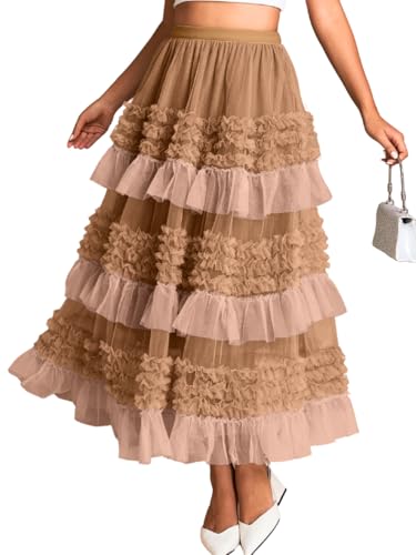 ChiaoLezhee Women's Colorblock Tulle Long Skirts Layered Ruffle A-Line High
