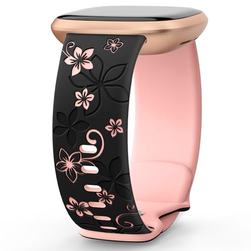 OHOTLOVE Floral Engraved Bands Compatible for Fitbit Sense Bands/Fitbit Versa 3 Bands Women/Fitbit Versa 4 Bands/Sense 2 Bands,Soft Cute Two-Tone Flower Sport Watch Strap Replacement Wristbands.A