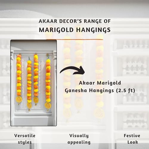 Image of Akaar Decor Artificial Marigold Flower Door Hanging with 'Ganesh Ji' | Diwali decoration items for home decor|Artificial flowers for decoration|puja decoration items for home|(L:Approx. 2.5ft)