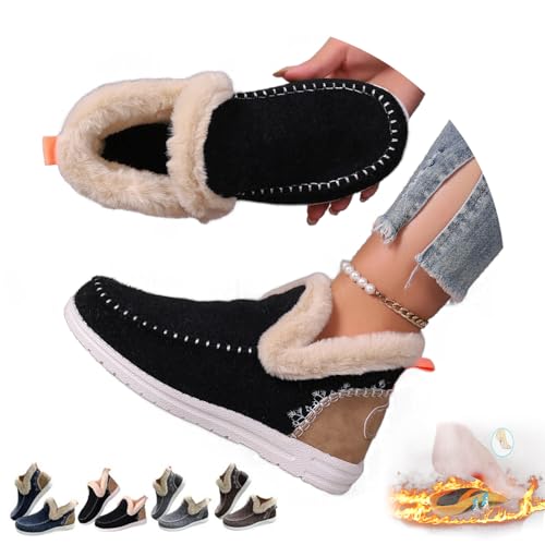 HUIQINGLI Women's Winter Plush Lined Flat Shoes, Comfy Orthopedic Arch Support Shoes, Embroidered Patchwork Slip-On Warm Snow Booties