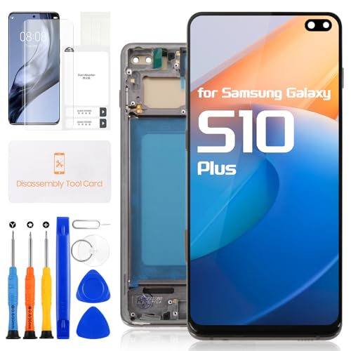 Samsung Galaxy S10 Plus�p �X�N���[������ Samsung S10 Plus LCD Display SM-G975U SM-G975W 6.4�C���` �^�b�`�X�N���[�� S10+�f�W�^�C�U�[ �t���[���t���t���A�Z���u�� (�u���b�N�w��