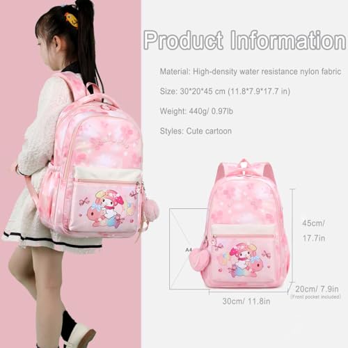24L Cartoon Backpack for women Cute Bunny Large Travel Backpack Splash-proof Nylon Daypack with Fuzzy Heart shaped Keychain Pink3