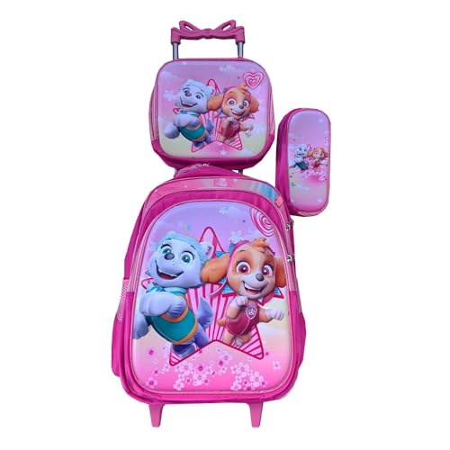 Kit Mochila Canina Feminina com Rodinhas em 3D + Lancheira Térmica + Estojo Escolar Infantil