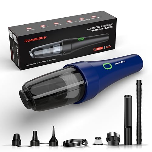 Image of DOMESTICA 4-in-1 Cordless Car Vacuum Cleaner | Portable Handheld Vacuum Cleaner for Car Use with Blower & Inflator | High Speed Power Suction | 9000 Pa Suction | HEPA Filter, Multiple Nozzles (Blue)