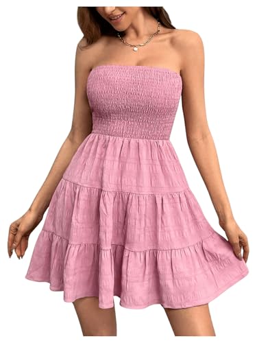 MakeMeChic Women's Shirred Bandeau Ruffle Mini Dress Backless Sum...